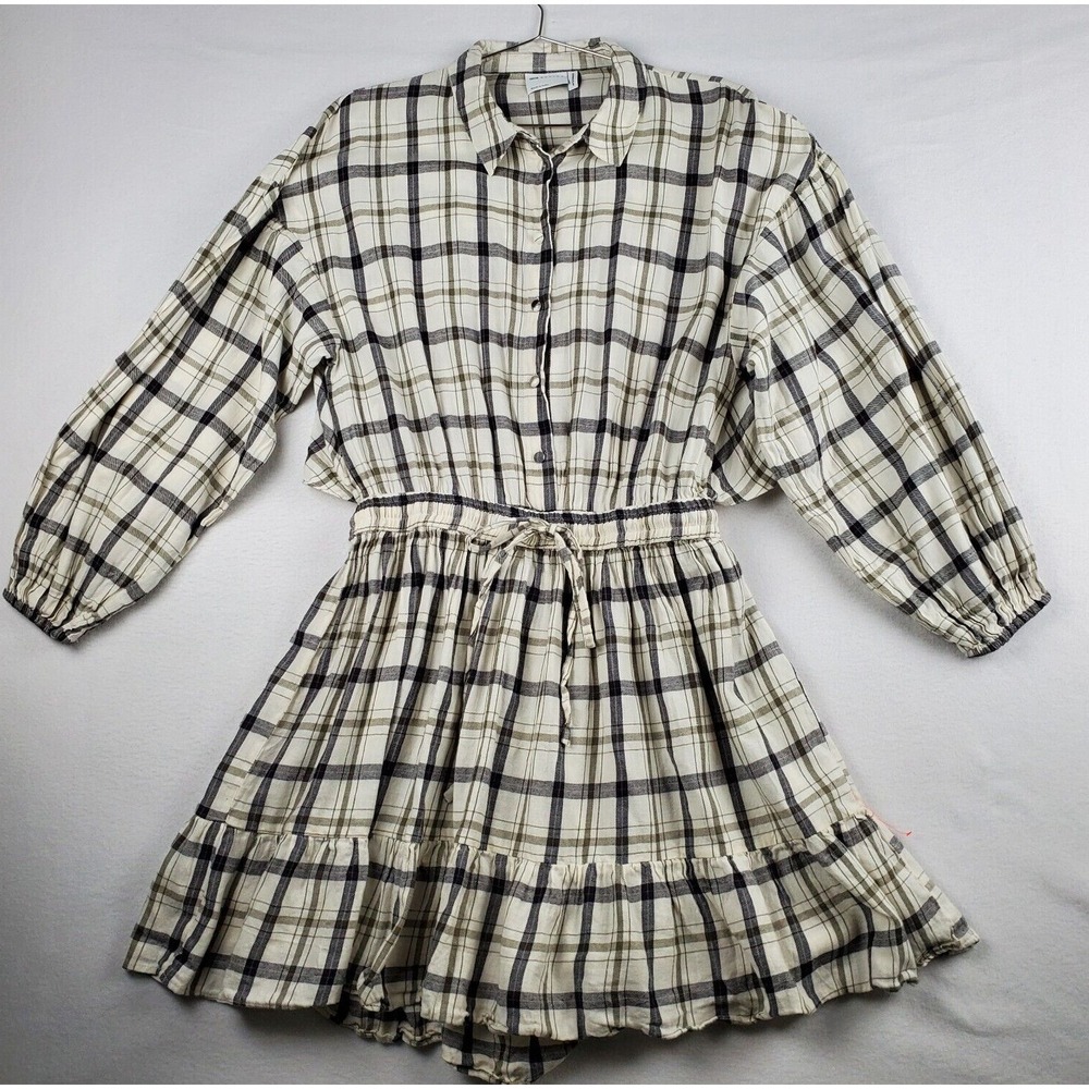 Asos Design‎ Mini Skater Shirt Dress Women 12 CreamBlack Plaid Cotton Drawstring